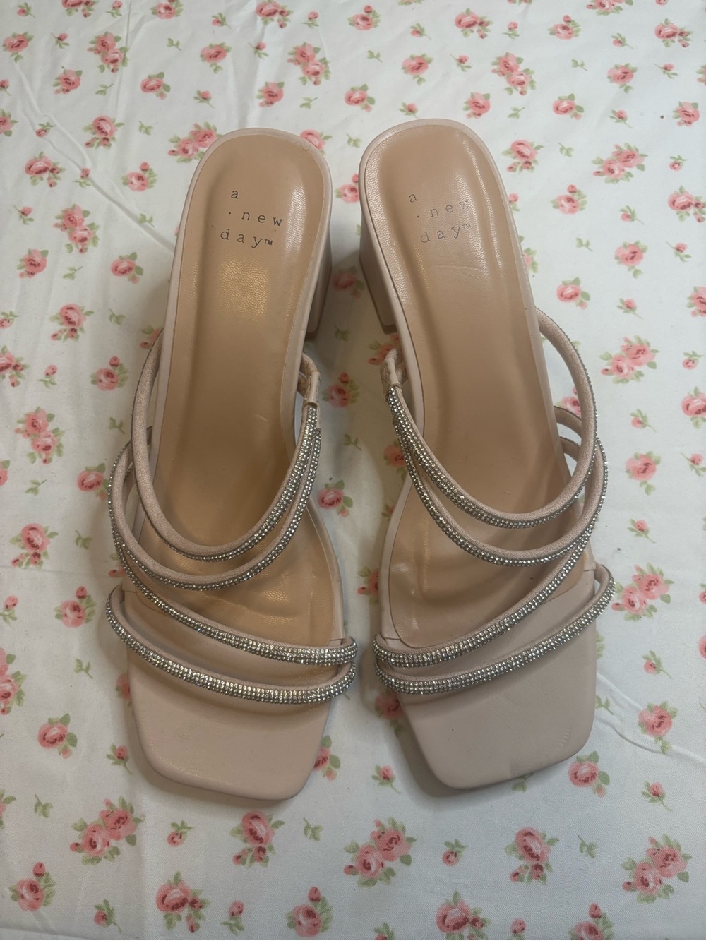 a new day Blush Nude Rhinestone-Strap Block Heel Sandals